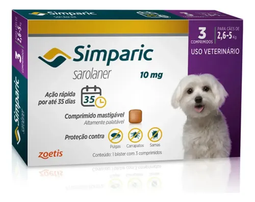 Simparic 10mg C/ 3 Comprimidos Para Cães 2,6kg A 5kg Proteção Completa Antipulgas E Carrapatos