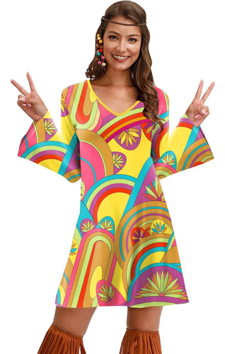 Peace Love 60s 70s Groovy Party Halloween Vestido Mujer Hipp