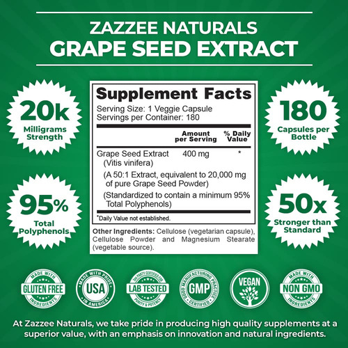 Zazzee Extracto De Semilla De Uva 20.000 Mg De Fuerza, 180 C