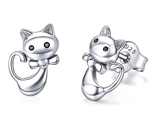 Aretes Broquel Gatito Fantasma Plata 925 Y Baño De Platino