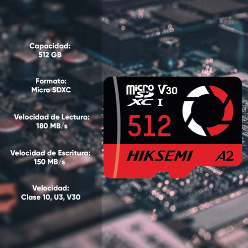 Hiksemi by Hikvision Memoria Microsd Clase 10 De 512 Gb Especializada Para Drones Comerciales, Cámaras De Fotografía Y De Video 180 Mb/s Lectura 150 Mb/s Escritura