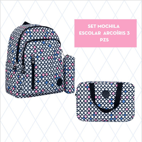 Set Mochila Escolar Duradera Mima2 Rombo Arcoíris 3 Pzs