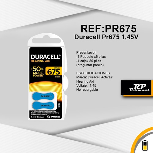 Pila Para Protesis Auditiva Duracell Ref Pr675 X6uni