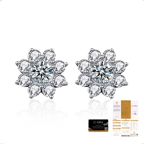 Aretes Broqueles Flor Plata 925 Diamante Moissanita 1.0ct