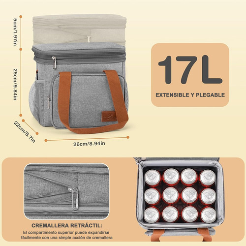 Banna Lonchera Térmica 2 En 1 17l Bolsa De Almuerzo Portátil De Una O Dos Capas Correa De Hombro Desmontable Y Ajustable Mantiene El Calor Y El Frío Durante Mucho Tiempo Gris