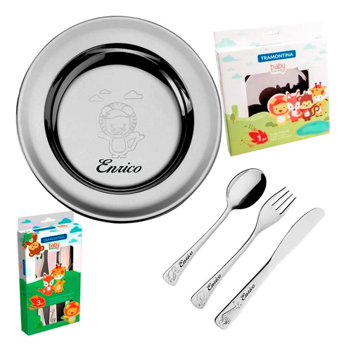 Kit Prato Talher Infantil Tramontina Inox Le Petit Com Nome