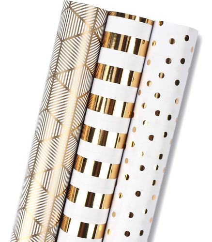 Papel Para Regalo 3 Rollos Diseño En Color Dorado Regalo