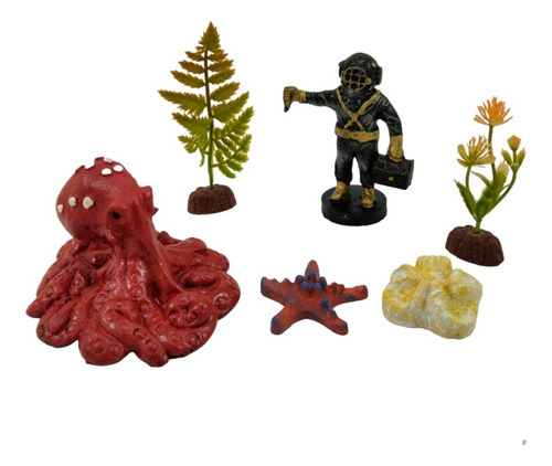 Adorno Acuario Resina Set Marino Buzo Y Pulpo