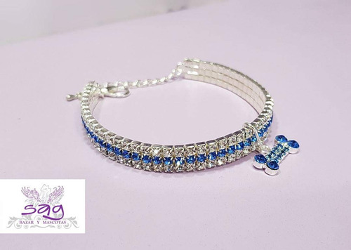 Collar Correa Mascotas Diamantes Cristales-una Linea Azul