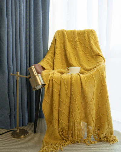 Manta De Lino Moderna Interior Piecera-sofa Rombos Amarilla