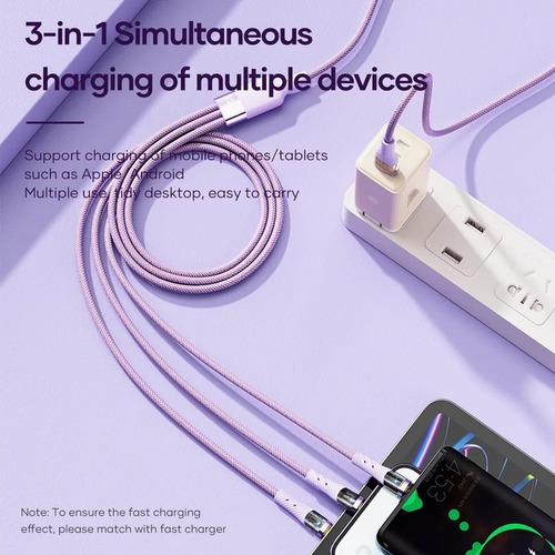 Cabo Celular Usb Triplo Super Reforçado Compatível Universal Cor Lilás