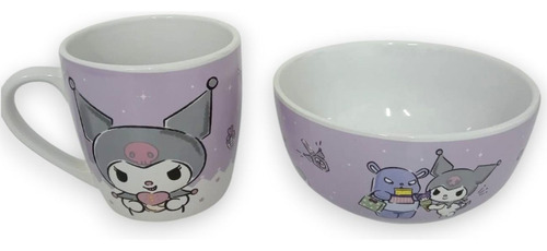 Taza De 400 Ml Y Tazón De 550 Ml Kuromi De Cerámica 2 Lila Emoticones