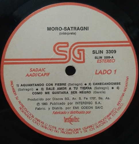 Imagen 3 de 4 de Moro-satragni- Lp Como Nuevo- Excelentes Condiciones 1983