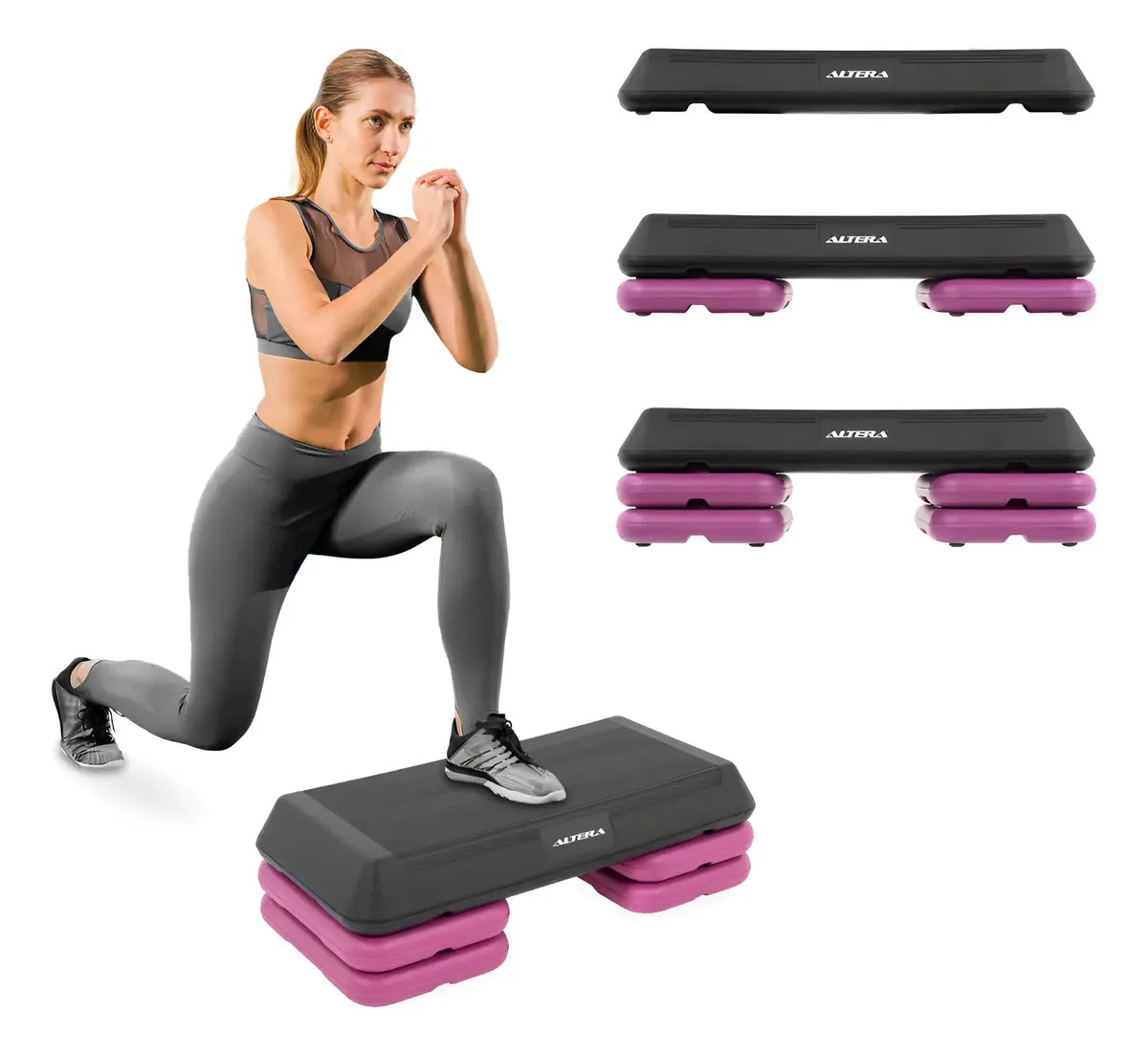 Step Banco Para Ejercicio Altera Fitness Aerobics 3 Alturas Color Negro-Rosa