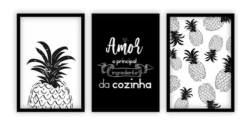 Kit 3 Quadros Decorativos Cozinha Amor Por Cozinhar Abacaxi