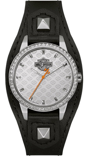 Reloj Harley Davidson Shaped Original Para Dama 76l183 Color De La Correa Negro Color Del Bisel Plateado Color Del Fondo Plateado