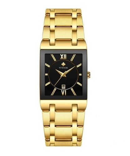 Relógio Masculino Original Wwoor Quadrado Dourado Luxo