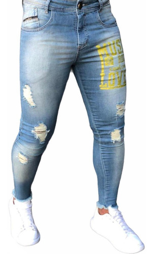 Calça Jeans Destroyed Masculina Clara Com Rasgos E Aplicação