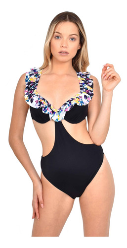 Trikini Con Vuelos Estampado Negro