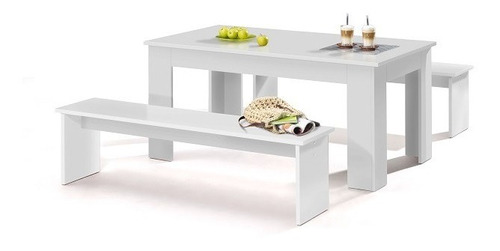 Mesa De Comedor Con 2 Bancos Kamin Blanco Këssa Muebles