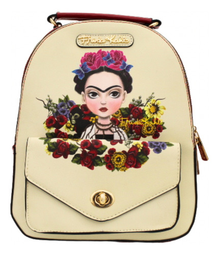 Mochila Frida Kahlo Para Mujer Backpack Beige Floreado