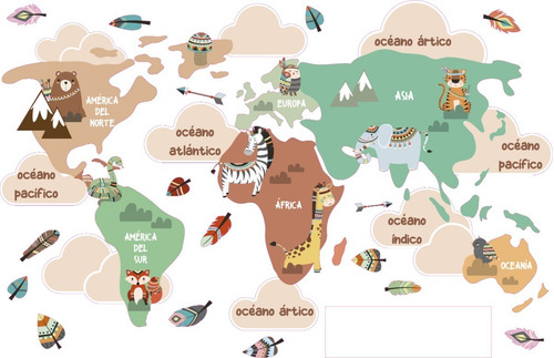 Vinilo Decorativo Infantil Mapa Animalitos Boho 90x120cm