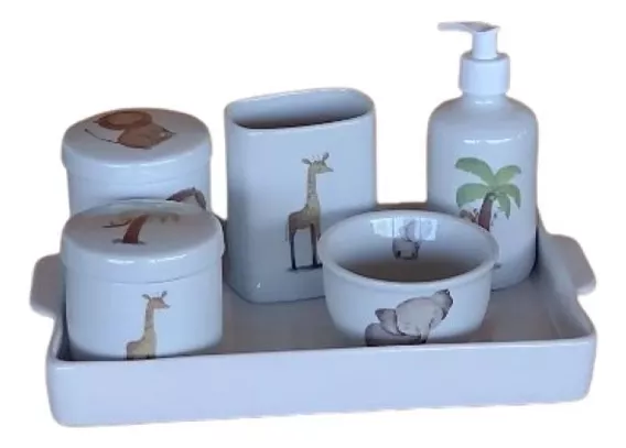  Kit Higiene Porcelana Safári Bandeja Branca Porta Pente 