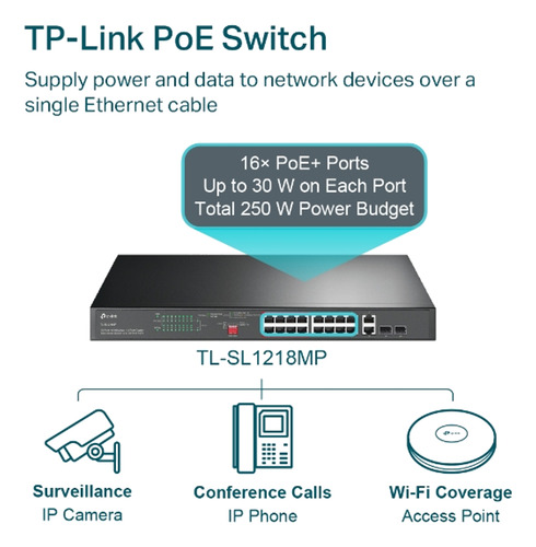 Switch 16 Puertos Poe A 10/100 Mbps 2 Puertos Gigabit Rj45