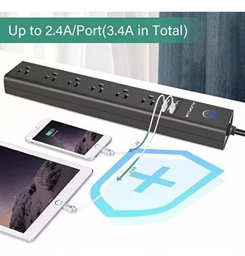 Regleta protectora contra sobretensiones de 15 pies, 6 salidas y 4 puertos  USB, tiras de alimentación de enchufe plano, cable de extensión largo con