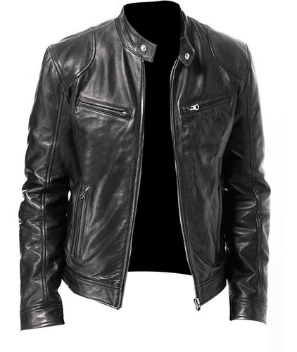 Chaqueta De Cuero Para Hombre, Cuello Alto, Cremallera, Piel