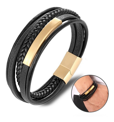 Pulseira Masculina Couro Preto Folheada A Ouro Com Garantia