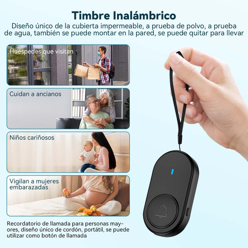 Timbre Inalámbrico Impermeable Con Luz Led 1 Transmiso 1 Rec Negro
