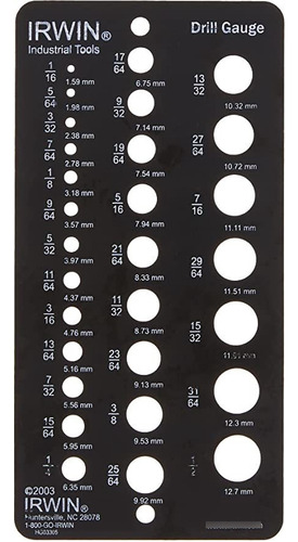 Medidor De Brocas Irwin  con 29 Orificios De 1/16 A 1/2 Pu.