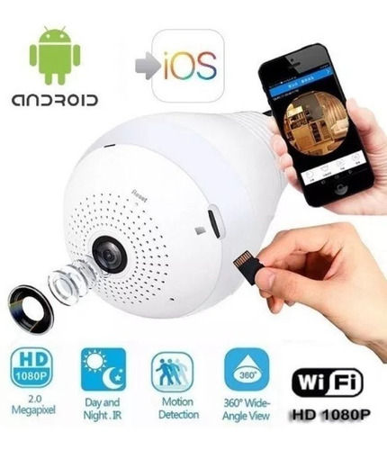 Camara Bombillo Ip Wifi 1080p 360º Modo Nocturno + Memo 64gb
