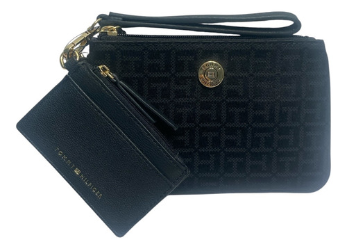 Muñequera Tommy Hilfiger Wristlet Cierre Placa Tarjeter M726 Negro Monograma Th