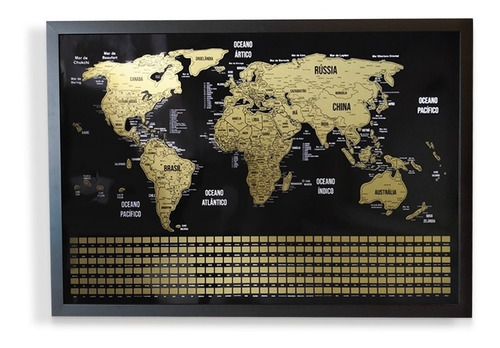 Mapa Mundi De Raspar Dourado Com Moldura Com Bandeiras 73x50 Cor da armação Preto