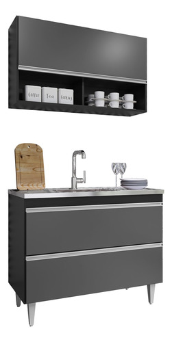 Armário De Cozinha Com Nicho Cp01 E Pia 100cm Z34 Preto/graf