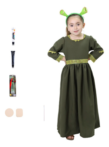 Disfraz Vestido De Princesa Fiona De Shrek Con Diadema Y Maquillaje Para Niñas