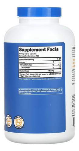 Nutricost Cáscara De Psilio 1500 Mg 500 Capsulas Sabor Sin Sabor