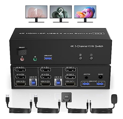 Switch Kvm Hdmi + 2 Displayport Usb 3.0 Para Triple Monitor