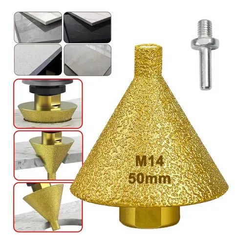 Broca Cônica Diamantada Chanfro Diamante M14 50mm Esmerilhadeira Lixadeira Porcelanato Cerâmica Estilo Serra Copo Escalonada +Adaptador Roscado