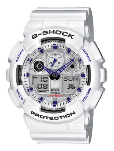 Reloj pulsera Casio G-Shock GA100 de cuerpo color blanco, analógico-digital, para hombre, fondo blanco, con correa de resina color blanco, agujas color azul, dial azul, subesferas color negro y blanco, minutero/segundero azul, bisel color blanco y negro y hebilla doble