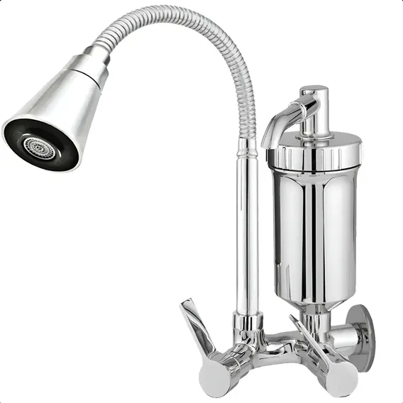 Torneira Filtro Gourmet Flexivel Cozinha Parede 2 Jatos Cone Cor Prateado Torneira Filtro Parede Metal Life Metais