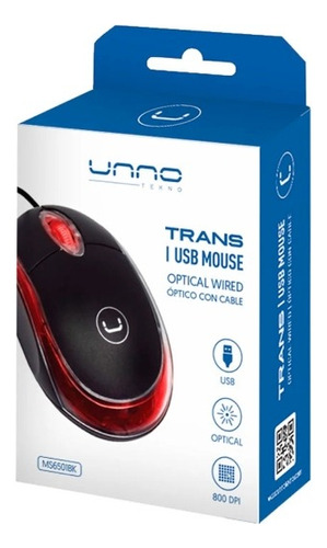 Mouse Unno Tekno Optico Usb Negro800dpi Iluminacion Led Roja