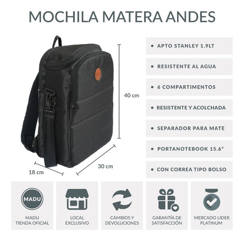 Imagen 7 de 10 de Mochila Andes Bolso Matero Porta Mate Notebook Madu