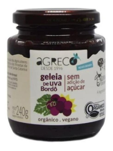 Geleia Organica De Uva Bordo Sem Acucar Agreco Vidro 240g