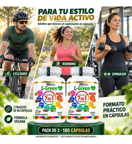 Purely Organics L-Green 7 en 1 + L-Carnitina, 2 Frascos de 90 Cápsulas, 500 mg de L-Carnitina Tartrato + vinagre de manzana, piña, cetonas de frambuesa, té verde, chía, pepino y toronja