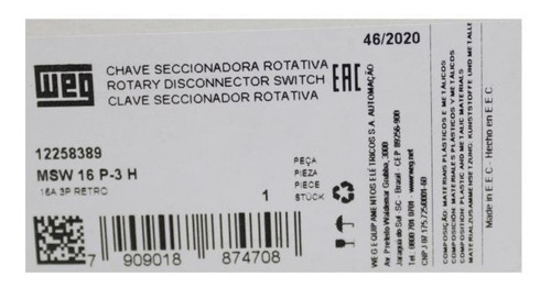 Chave Seccionadora Rotativa Msw16 16a Fixação Topo P3 H Weg