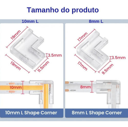 Kit 20 Conector L Emenda Fita Led Cob 2 Vias Monocor 10mm