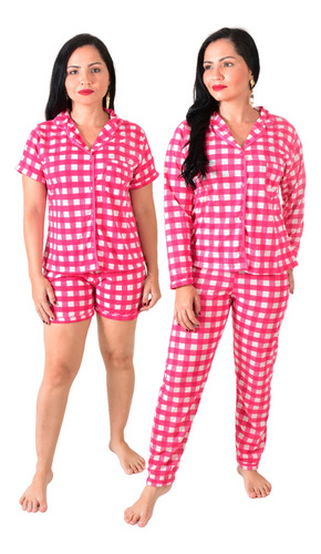 Kit 2 Pijamas Feminino Adulto Americano Curto Longo Malha 